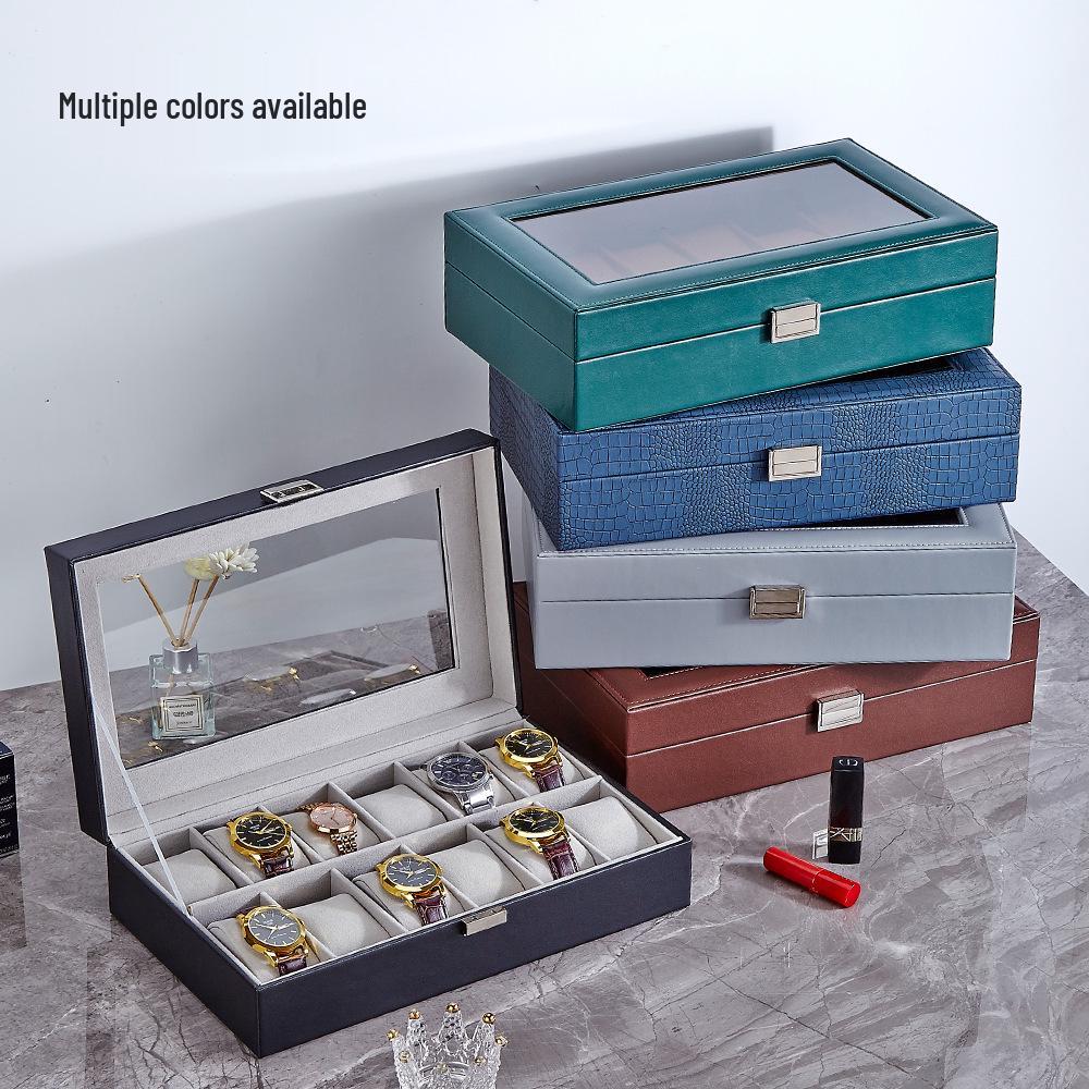 12-Slot Watch Box with Glass Lid for Dustproof Storage and Display of Mechanical Wristwatches