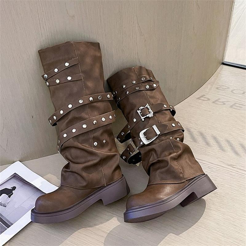 Autumn Biker Boots Fashion Women's Knight Booties Casual Rivet Ladies Short Booties Elegant Belt Buckle Platform Vintage Boots