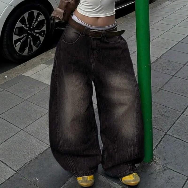 Womens Oversized High-Waist Distressed Washed Denim Wide-Leg Straight Jeans Streetwear Loose Fit