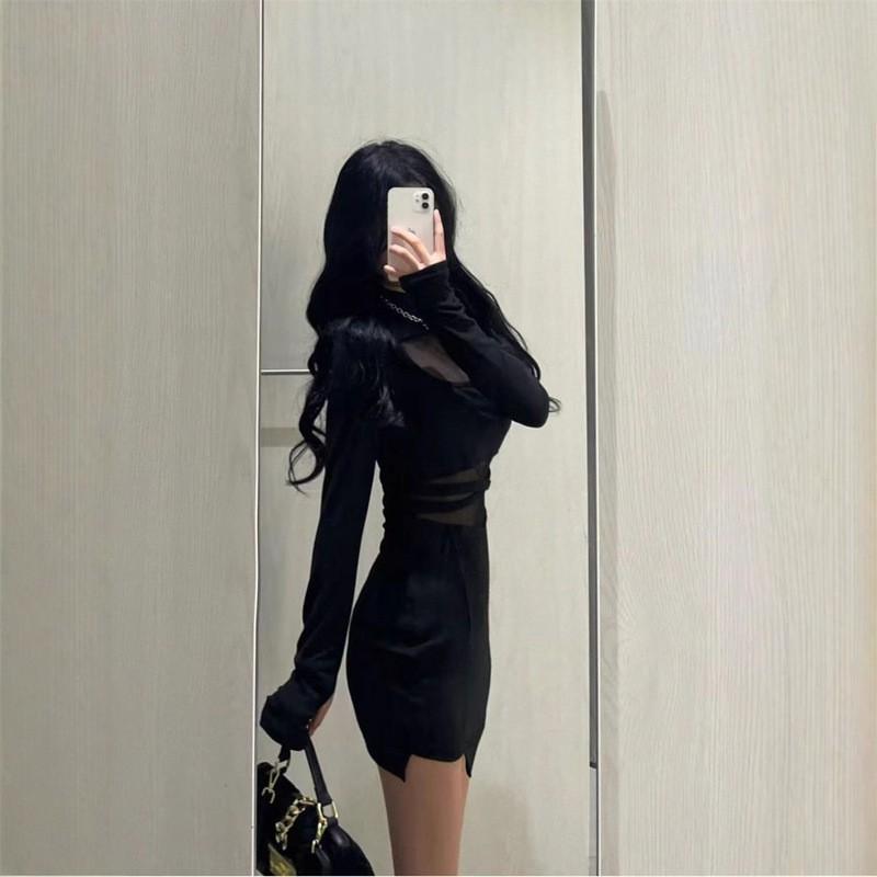 Elegant Sheer Mesh Bodycon Dress Women 2025 Long Sleeve Round Neck Short Skirt Sexy Chic Office To Night Out