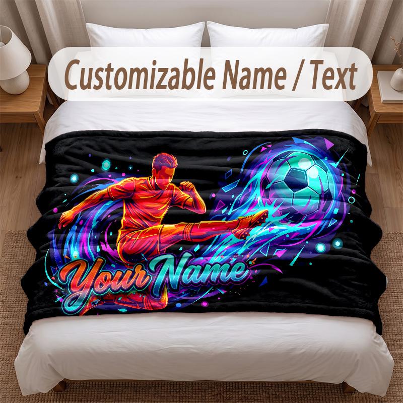 Soccer Theme Soft Blanket Personalized Custom Name Text Print Warm Blanket Home Sofa Bedroom Decor