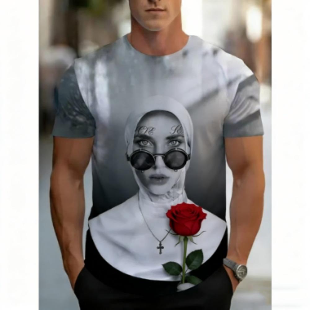 Summer Europe America Tattoo Nun Print Men s T-Shirts Fashion Street Short-Sleeve Outdoor Casual Tops Men s and Women s Tees Top XXS
