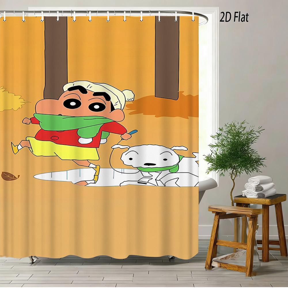 Crayon Shin-Chan & Shiro Checkerboard Pattern With Camera & Radio 2D Print Waterproof Shower Curtain, Yellow & White Bathroom De