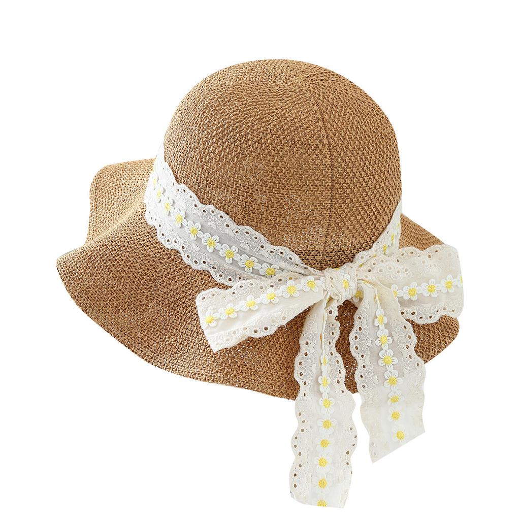 Small Fresh Floral Bow Straw Hat Front Big Rear Small Bucket Hat Sun Protection Top Hat Sun Hat Basin Hat Beach Hat