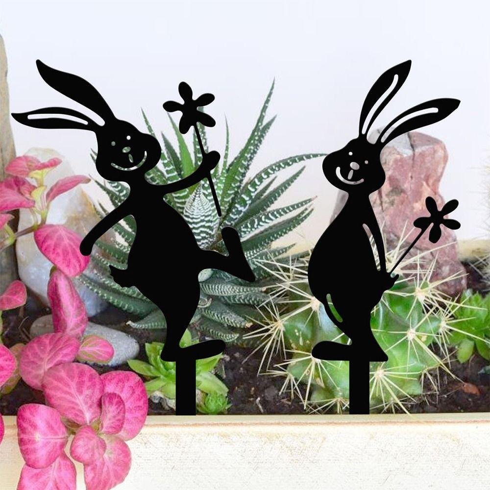 Creative Iron Rabbit Garden Stakes Cartoon Rabbit Black Outdoor Bunny Panel Accessories Yard Art Garden Stake Decoration