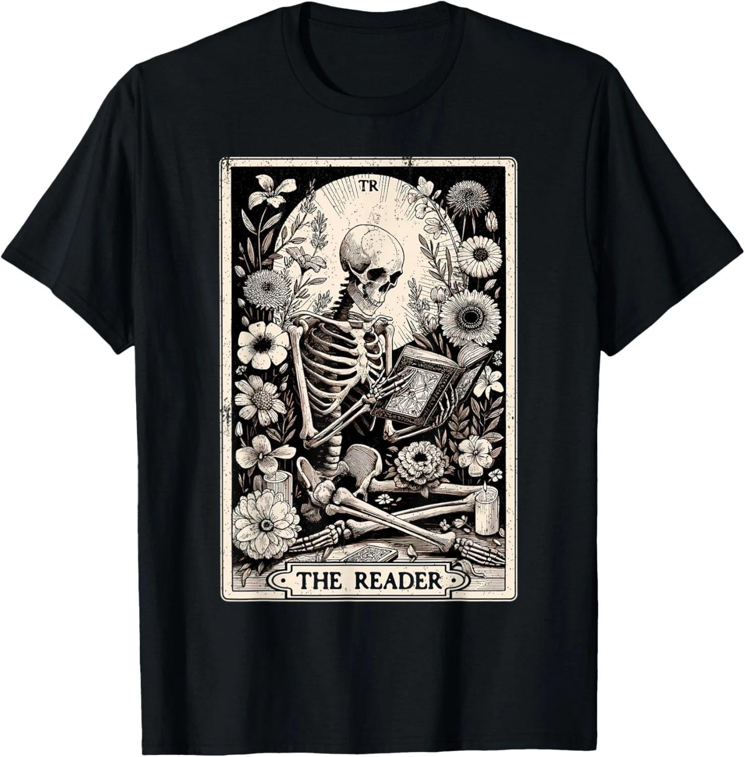 The Reader Tarot Card Funny Book Lover Skeleton Reading Book Gift Unisex T-Shirt 3XL