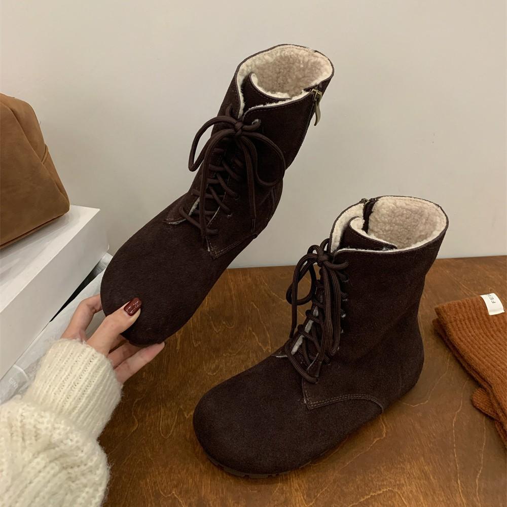 

2025 autumn and winter new round head velvet lamb wool low tube thin Martin snow shoes warm women s short boots 40 верблюд