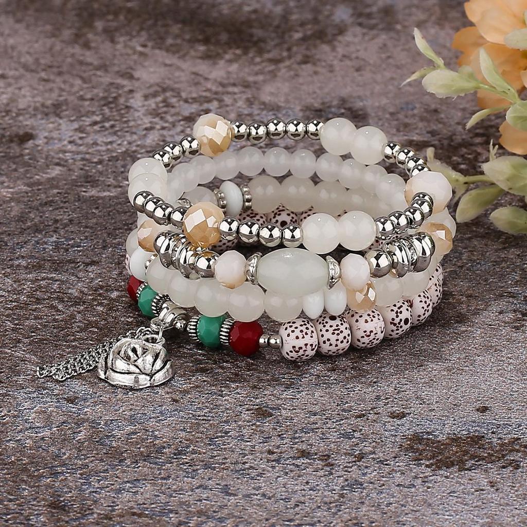 Bohemian Ethnic Layered Beaded Bracelet with Rose Flower Pendant