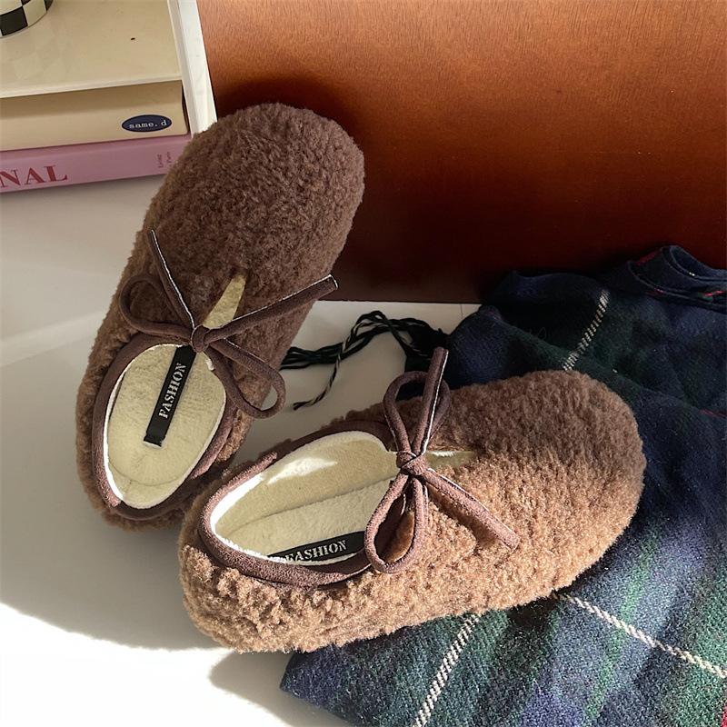 Värmande plyschskor för kvinnor, vinter, förtjockade, lätta, bekväma, bomullsskor, mode, rosettknut, halkfri, mjuk sula, Mary Jane-skor