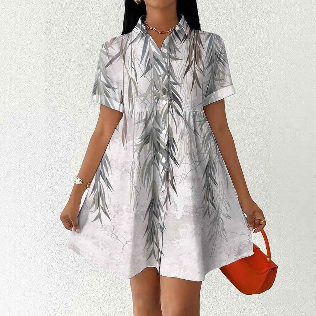 Women Casual Loose Fit Dress Button Front Shirt Dress Short Sleeve Collared Dress Summer Daily Wear