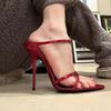 Spring 2023 Niche Red Patent One-Strap Pointed-Toe Open Stiletto Mules for Women