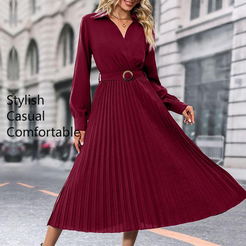 YYFS Damenmode Frühling Herbst Einfarbig Druck Langarm POLO Hals Casual Kleider