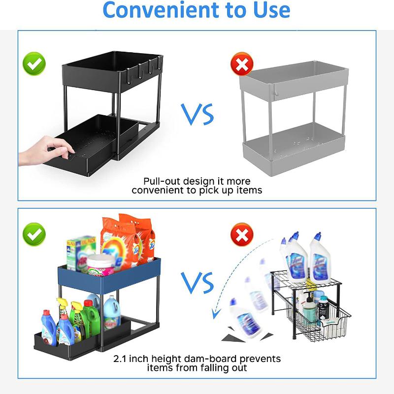 Multi Purpose 2Tier Kitchen Sink Organizer Sliding Basket Rack with Hooks Space Saving Shelves for Utility Room