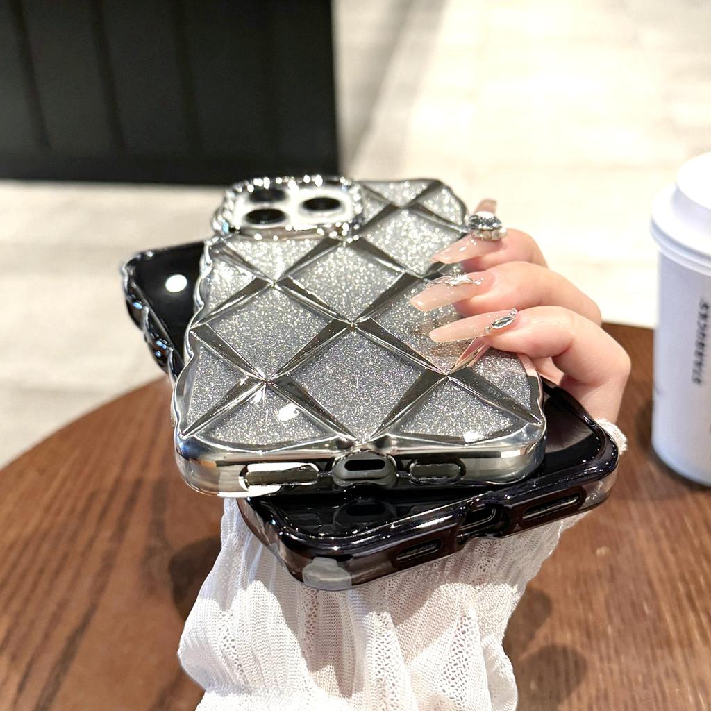 Luxury 3D Plating Diamond Grid Pattern Glitter Powder Phone Case for iPhone 11 12 13 14 15 Pro Max 12 Pro 13 Pro 14 Pro Max Anti-drop Soft TPU Cover