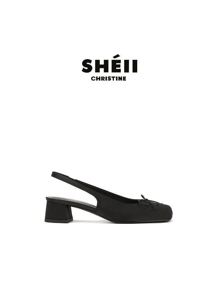 Su Yinyin Has the Same Style of Satin Square Head Pig Nose Bow High Heel Ballet Shoes Female Sweet Temperament Bag Head Empty Sandals