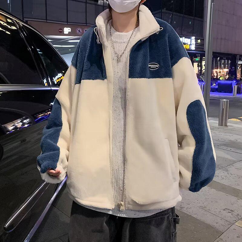 

Мужская модная флисовая куртка в стиле колор-блок - Зимняя из овечьей шерсти с воротником-стойкой, толстая с хлопковой подкладкой, свободного кроя, больших размеров. XL хаки