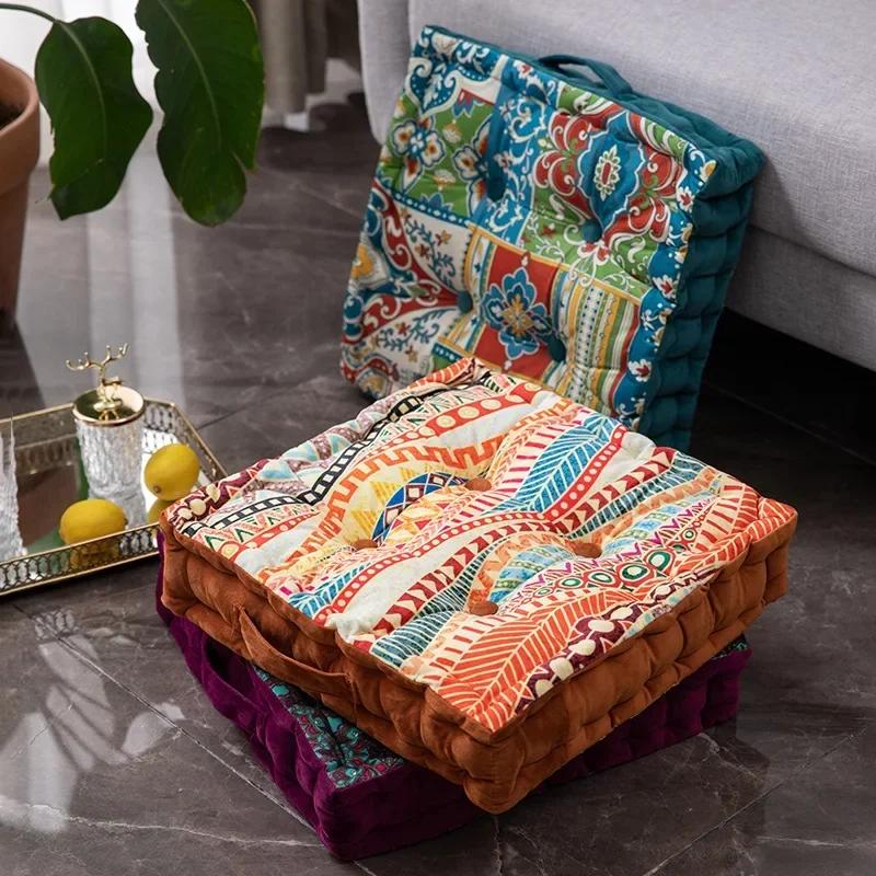 Retro Thicken Square Chair Cushion Soft Dutch Velvet Printed Butt Pad Portable with Handle Outdoor Garden Seat Cushions 40x40cm