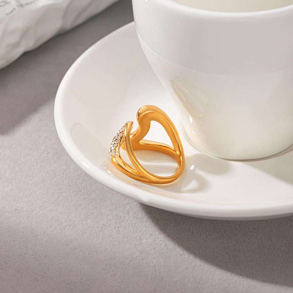 18K Gold-Plated Stainless Steel Diamond Inlaid Open Ring - Fashion Design Jewelry for Women