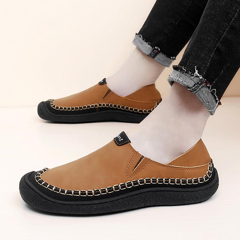 Men Handmade Leather Shoes Casual Hiking Shoes Outdoor Grey Walking Driving Shoes Over Sized Brown Slip On