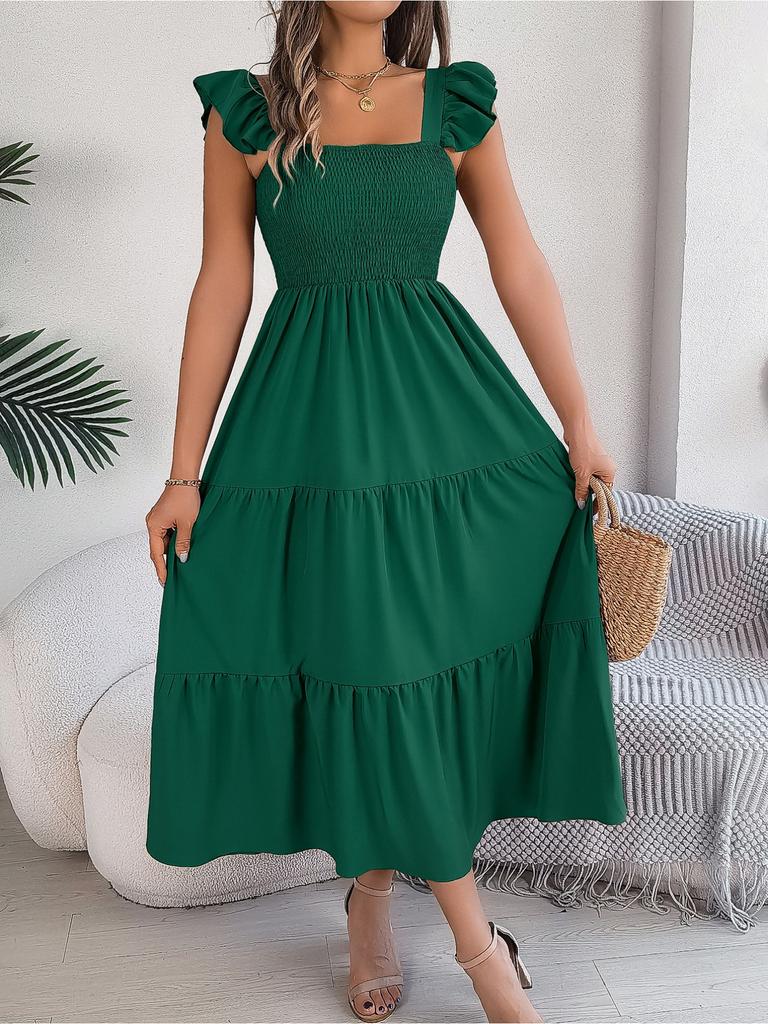 Square Neck Solid Color Dress High Waist Elegant Ruffle Edge Dress for Women Sleeveless Loose Dresses Causal Dress