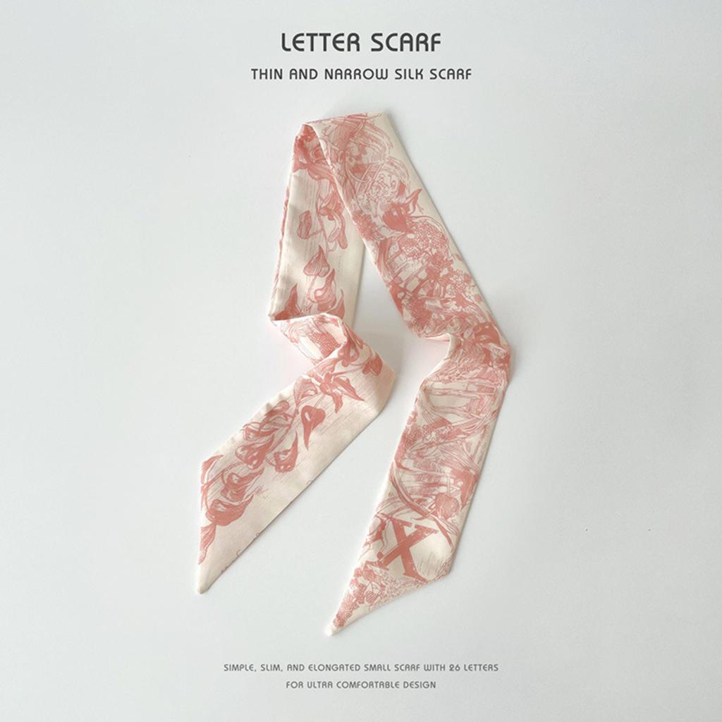 26-letter Floral Print Small Silk Scarf, Narrow And Long, For Tying Hair, Bags, Or As A Gift Decoration.