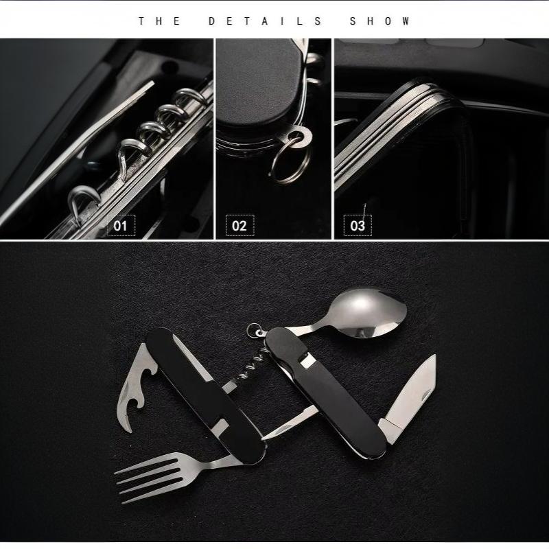Set di posate portatile pieghevole in acciaio inossidabile resistente alla corrosione: forchetta, cucchiaio, coltello, apribottiglie per picnic, viaggi, uso quotidiano