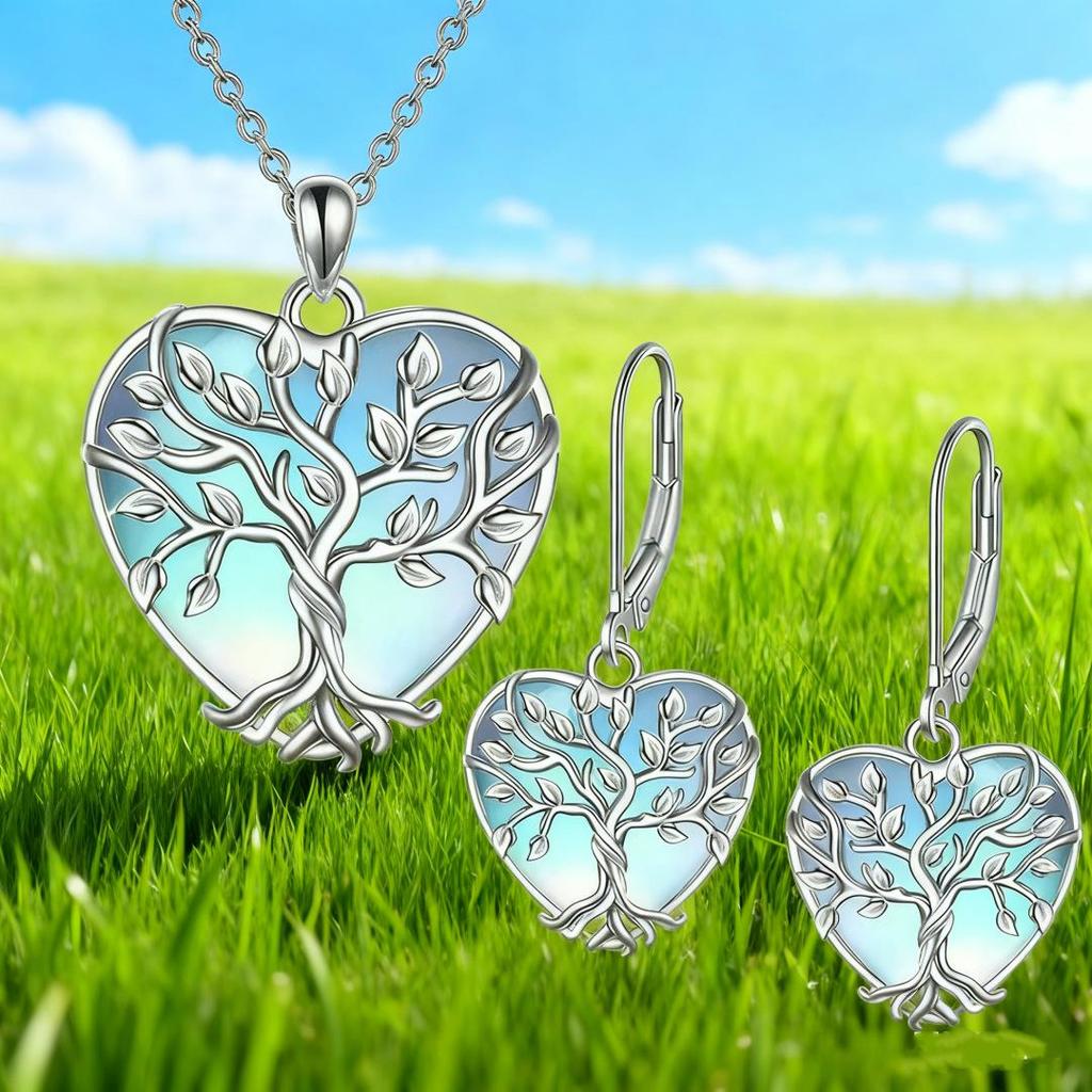 Moonstone Earring & Necklace Set - Heart Tree of Life, Luxurious European & American Style for Women