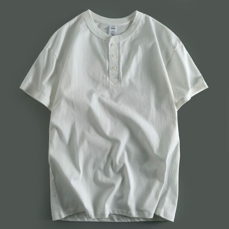 Export Short-Sleeved T-shirt Henry Collar Three-Button Summer Pure Cotton Men's Half Sleeve Wear Bottoming Shirt Tail Goods Cut Label T-shirt Fashion