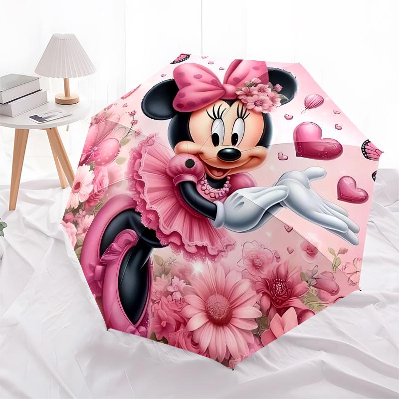 Minnie Mouse, Pink Floral Themed Automatic Opening and Closing Umbrella, Brightly Colored 8-rib Portable Umbrella, Suitable for Men and Wome