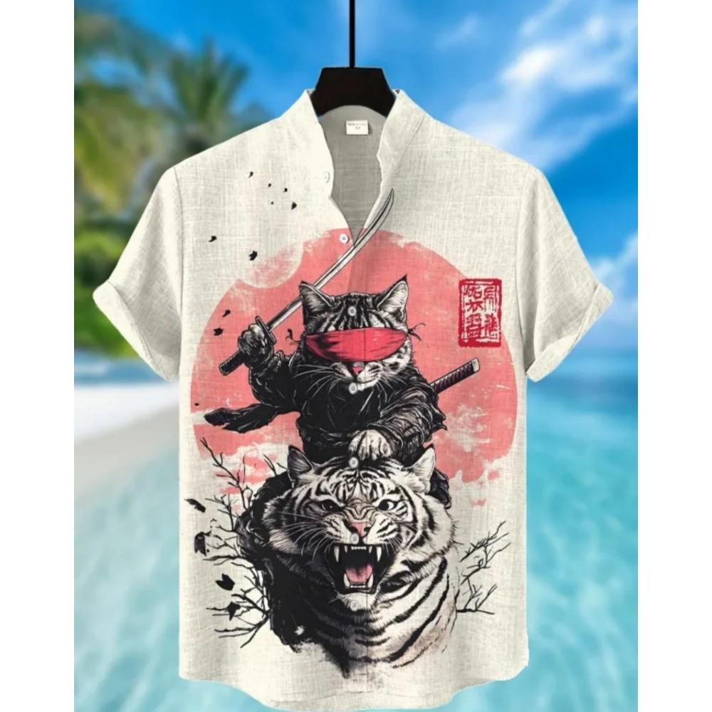 Men's Samurai Hawaiian Shirt Casual Short Sleeve Top Loose Clothing Fashion Retro Summer Shirt
