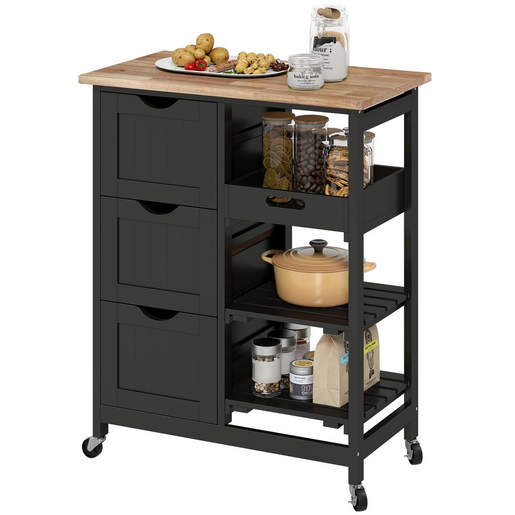 Rolling Kitchen Island Cart, Bar Serving Cart, Compact Trolley on Wheels with Wood Top, Shelves & Drawers for Home Dining Area, Black