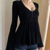 Women's Lace Trim Peplum Blouse V-Neck Long Sleeve Flare Sleeve Top