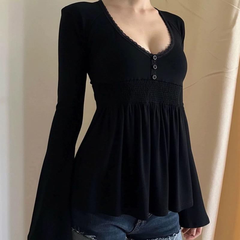 Women's Lace Trim Peplum Blouse V-Neck Long Sleeve Flare Sleeve Top