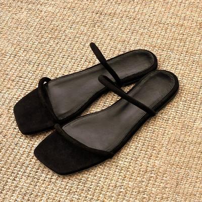Schafsfell-Version~ Wildleder Nische einfaches Wort mit Sandalen Damen Sommer Quadratischer Kopf Flache Schuhe Coole Hausschuhe Außen