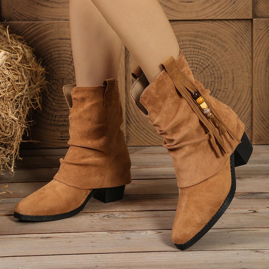 Mode Frühling und Herbst Mode Neue Spitz Cowboy Grober Absatz Gestapelte Stiefel Neuer Stil Keine Knie Großer Schaft Giroud Damenstiefel