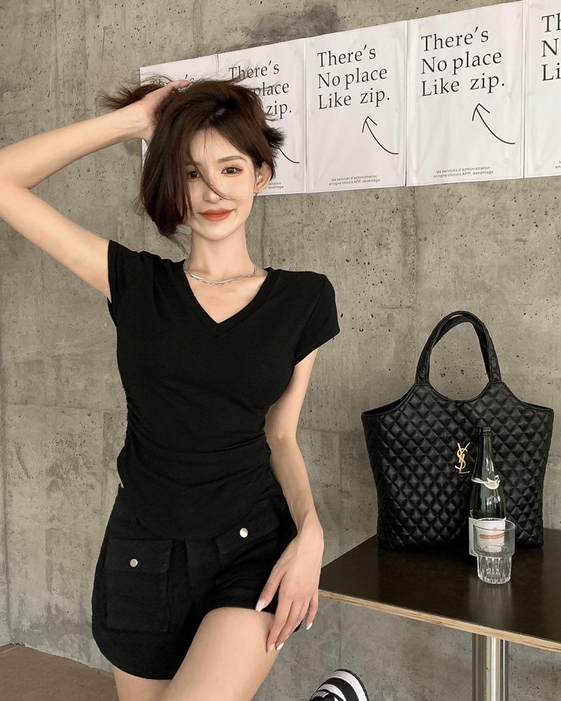 Women's Slim-Fit V-Neck Short-Sleeve Top - Elastic Waist, Round Hem, Solid Color for Summer