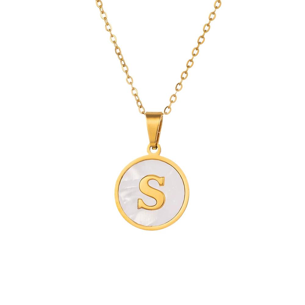 Round Gold Color 26 Letter Necklaces Alphabet Shell Pendant Necklace for Women Men Stainless Steel Chain Jewelry 1PC