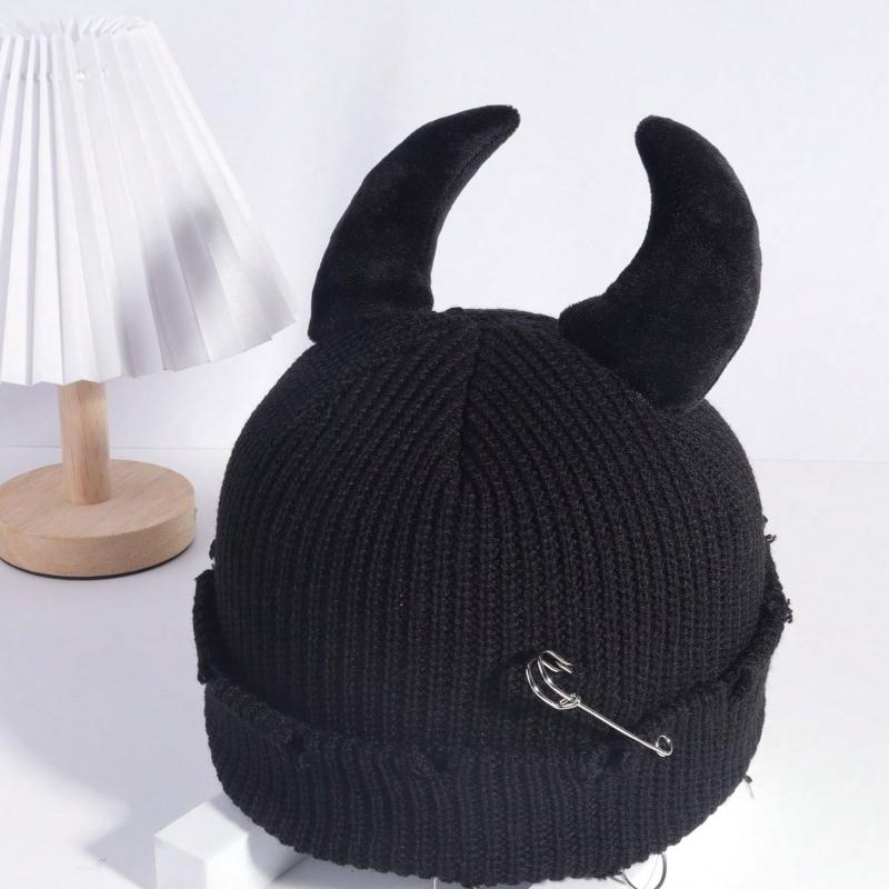 1pc Unisex Horns Cartoon Beanie Hat,Cute Warm Multi-functional Skull Street Cap,Suitable for Halloween,party,festival in Winter