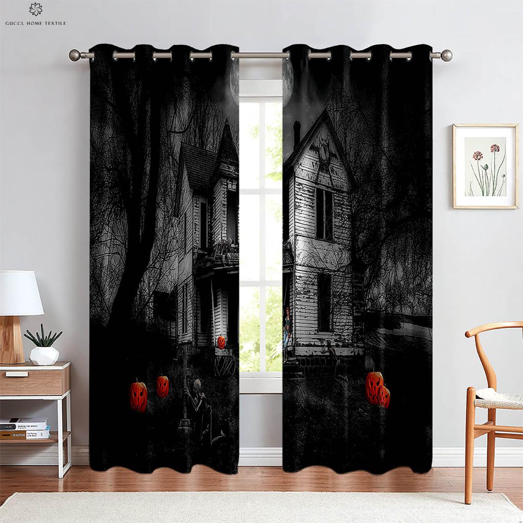 Cartoon Print Curtains, Horror Skull, Pumpkin, Bedroom, Living Room, Restaurant, Holiday Party, Decorative, 2 Pcs