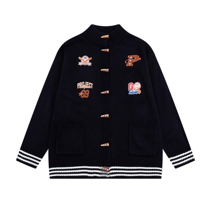 American Vintage Baseball Patch Embroidered Horn Button Knit Cardigan Unisex Stand Collar Sweater Jacket