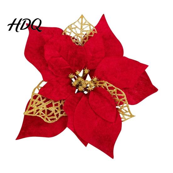 Multi Layered Fabric Flower Decorations Red Gold Poinsettia Artificial Flower Large Glitter Christmas with Clip Xmas Festive Party Floral Decor Tree