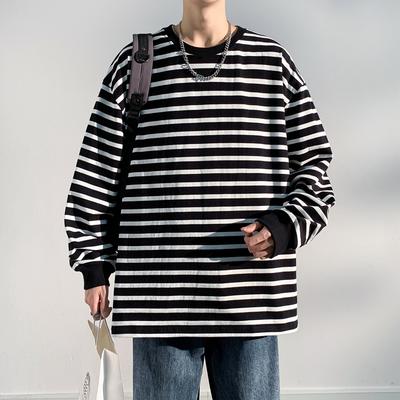 Men's Spring and Autumn Outdoor Trendy Stripe Couple Hong Kong Style Long Sleeve Round Neck T-shirt Pure Cotton Hoodie