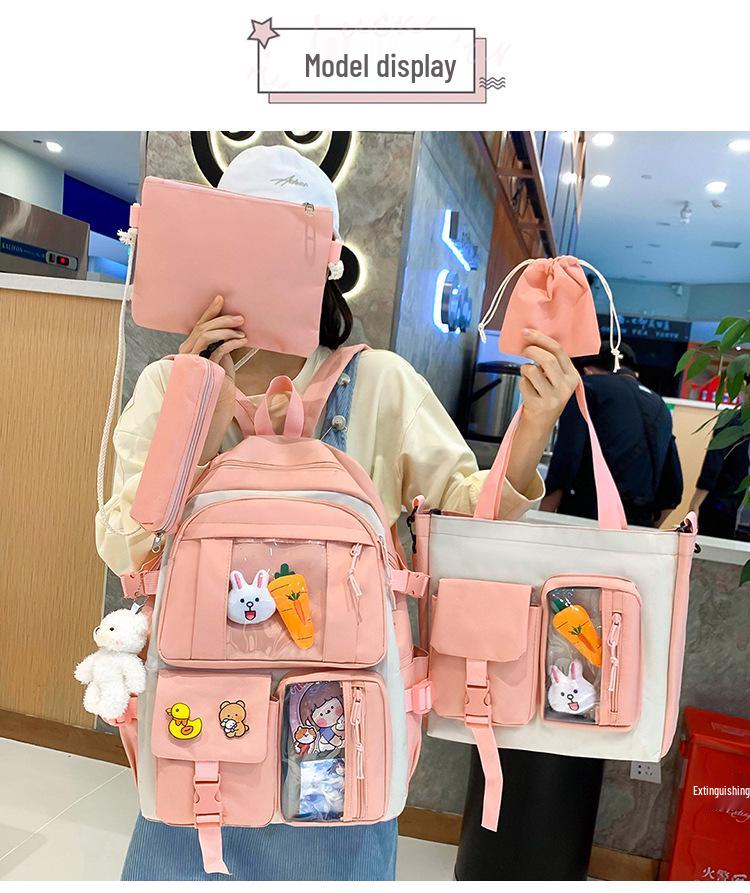 INS High School Durable Five-Piece Backpack Set for Girls - Large Capacity, Double Shoulder Bag for Junior and Middle School Students