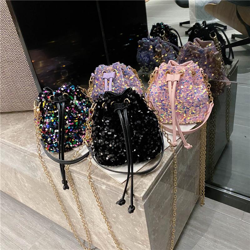 Damen Kordelzug Beuteltasche Tragetasche Schultertasche Clutch Tasche Wende Pailletten Kette Umhängetasche Urlaubsgeschenke