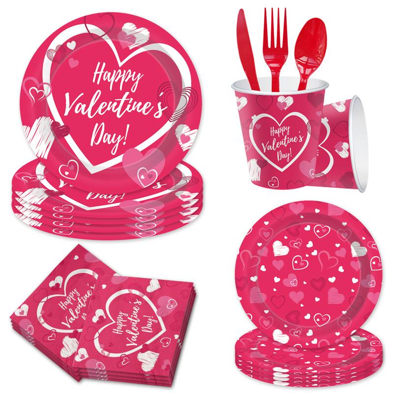 Valentine'S Day Decorative Party Supplies Tableware Set Disposable Paper Plate Paper Cup Valentine'S Day Flag Tablecloth