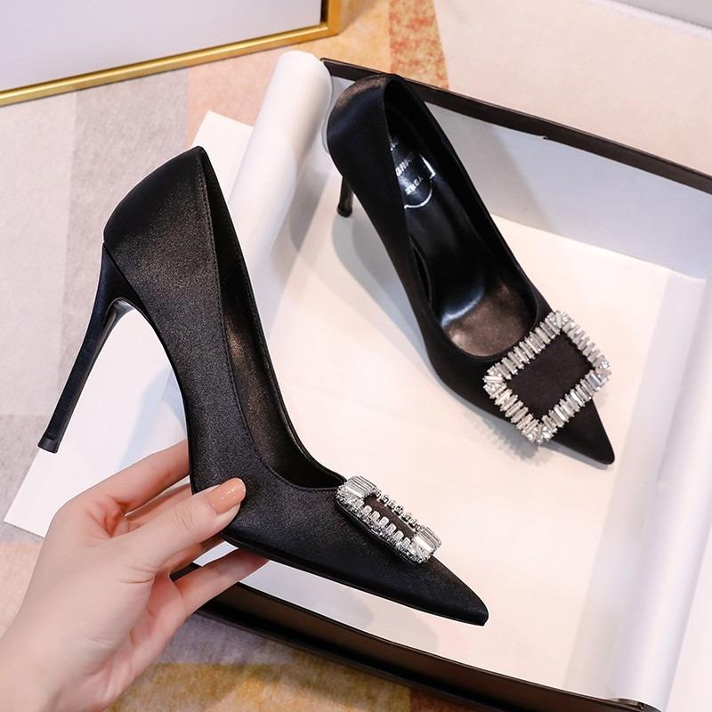 New Spring and Autumn Casual Pearl Wedding Shoes Stiletto Square Rhinestone Sexy and Comfortable High Heel Zapatos Mujer