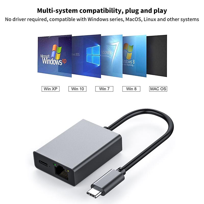 1000Mbps Type-C To Rj45 Internet Cable Plug And Play Usb To Ethernet Network Adapter Support Pd Charging For Mobile Phone/Tablet