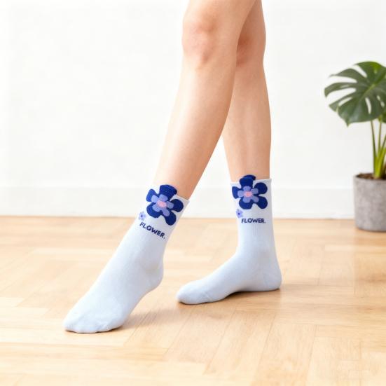 Yousheng 5 Pairs Student Socks Flower Pattern Mid-Calf Warm Socks Breathable Moisture-Wicking Autumn Winter Socks