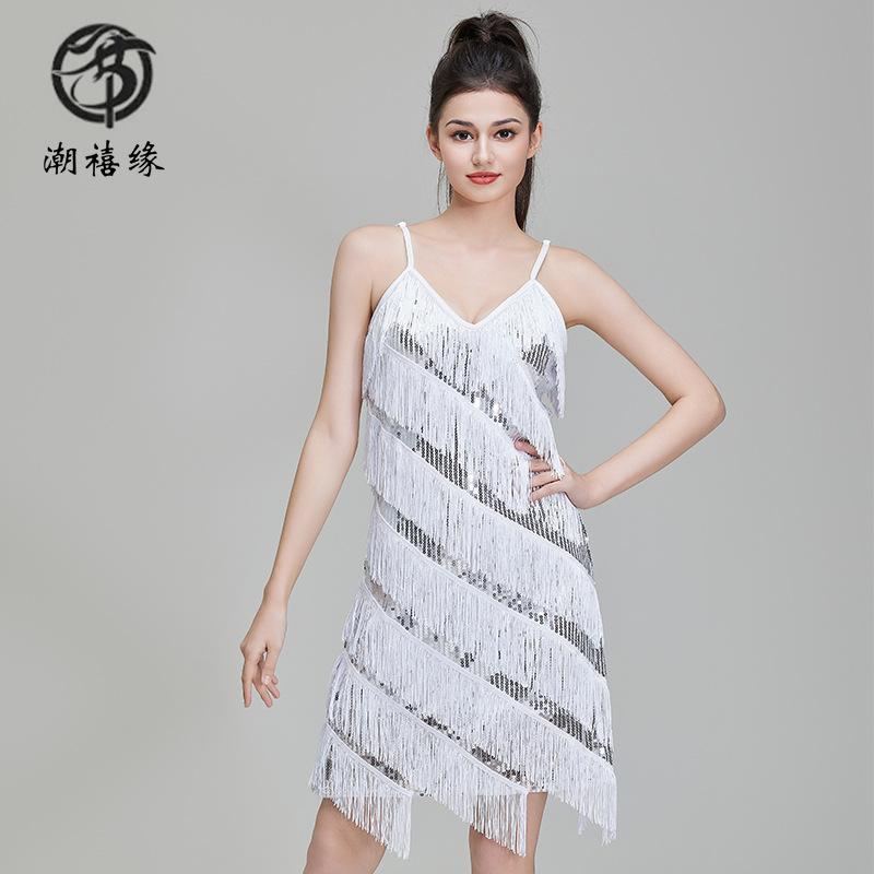 Prom sequins fringed Latin dress V-neck party dress performance dress stage performance competition dress