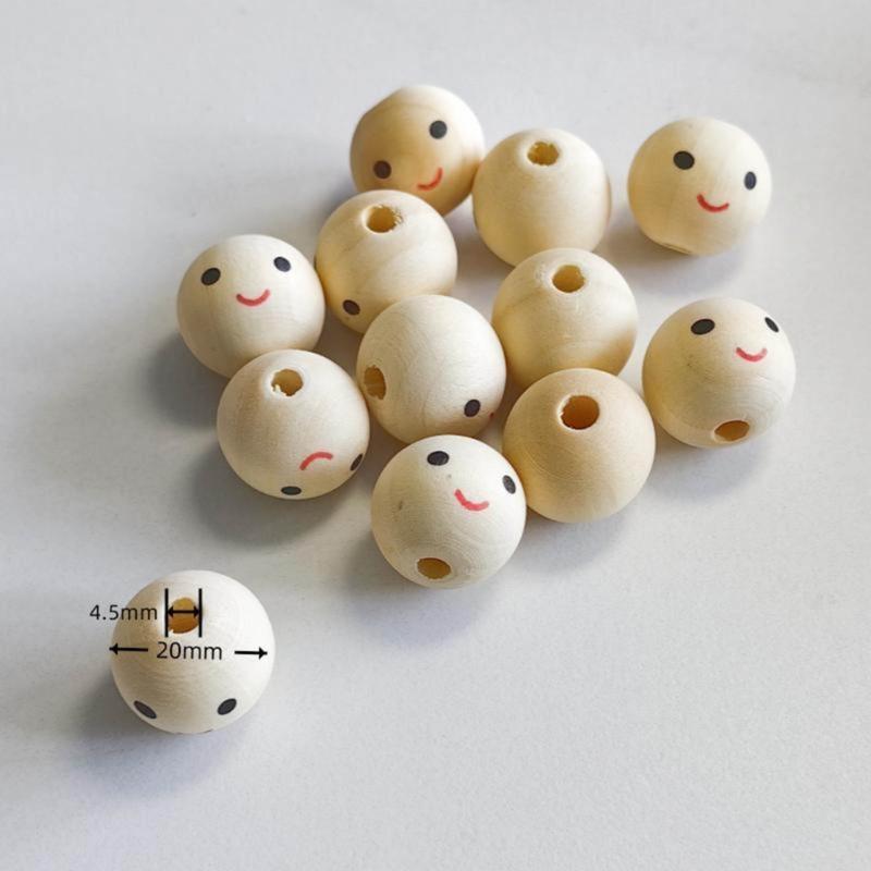 100pcs Wood Balls with Hole 20mm Smiling Face Head Ball Natural Wood Craft Bead for DIY Jewelry Making Macrames Handmade